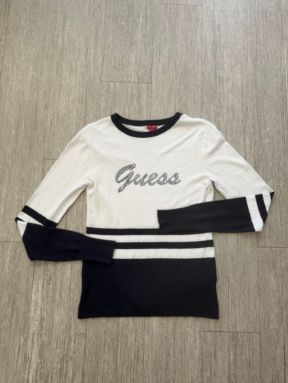 Guess Sweater Top Long Sleeve Stripe Rhinestone Logo Vintage Y2k